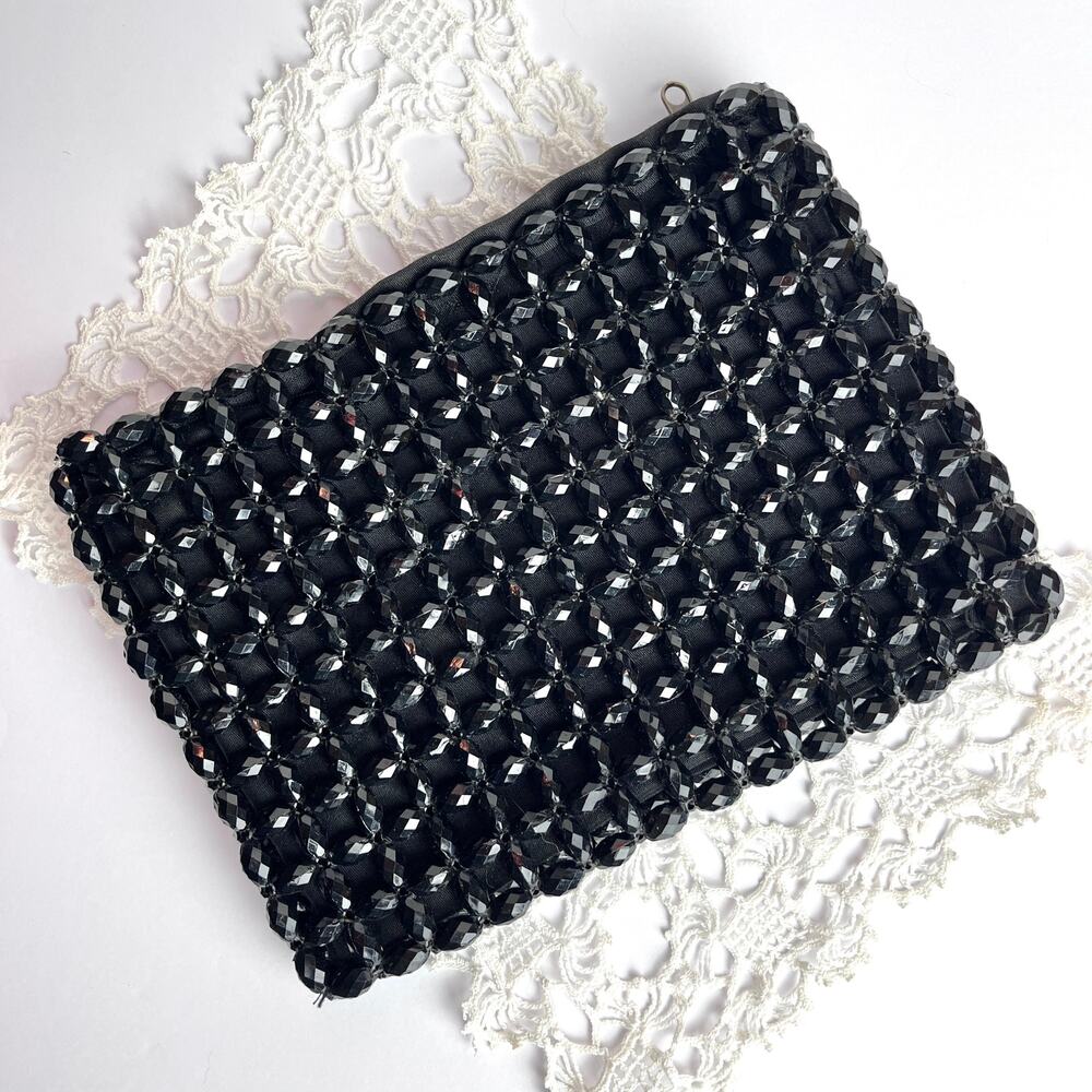 Vintage Black Faceted Bead Clutch Purse Bag Zipper Opening Evening Formal Glam